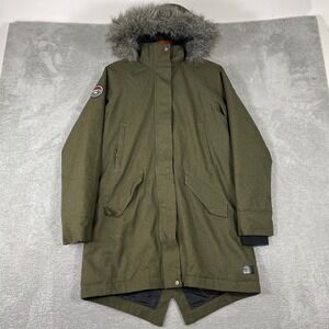 Roots 73 Bridgewater Parka Jacket Womens Medium Green Faux Fur Hood Lined Coat